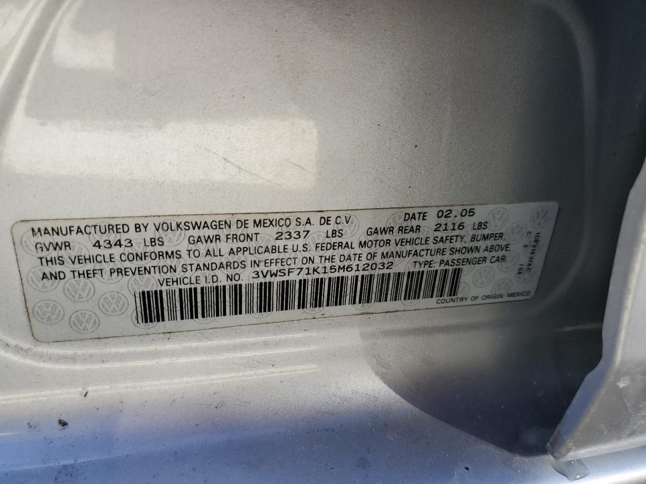 2005 Volkswagen New Jetta 2.5L Option Package 1 VIN: 3VWSF71K15M612032 Lot: 78640214