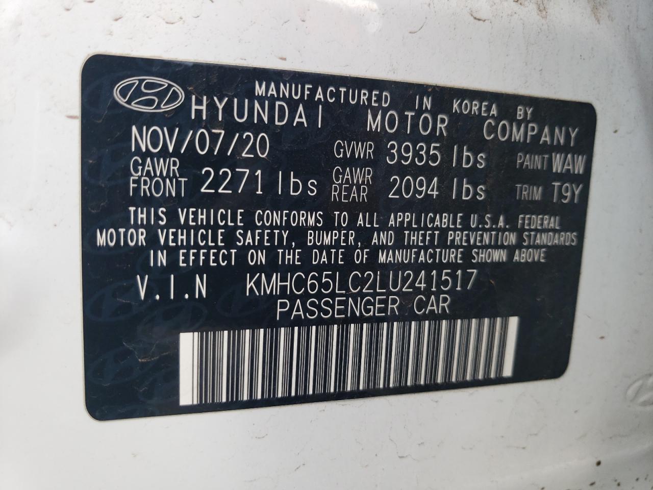 2020 Hyundai Ioniq Blue VIN: KMHC65LC2LU241517 Lot: 78960584