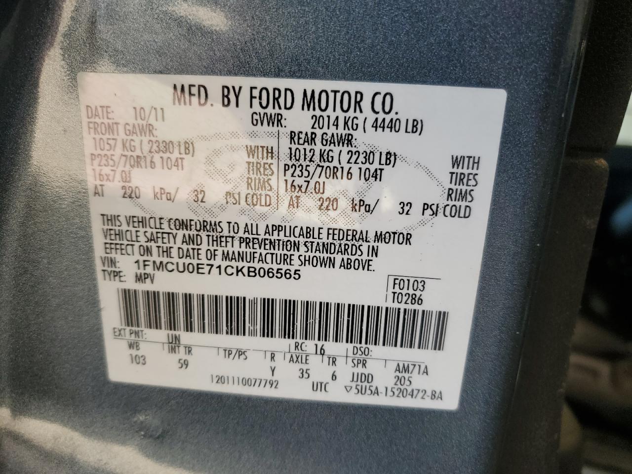 2012 Ford Escape Limited VIN: 1FMCU0E71CKB06565 Lot: 76927794