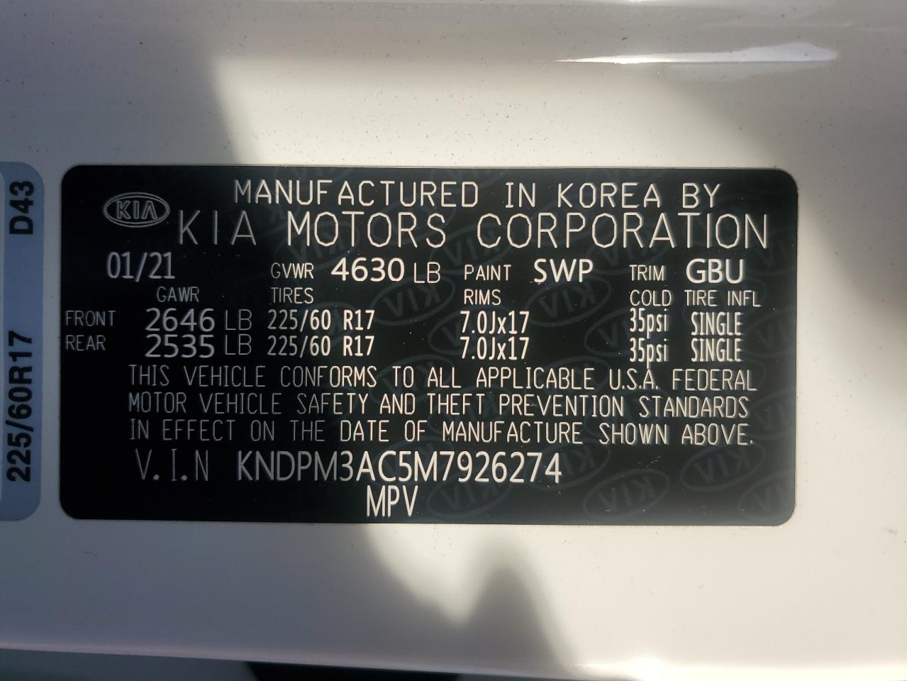 KNDPM3AC5M7926274 2021 Kia Sportage Lx