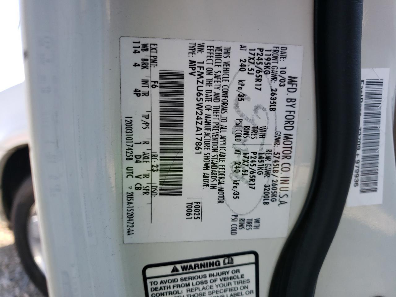 2004 Ford Explorer Limited VIN: 1FMZU65W24ZA17861 Lot: 73741424