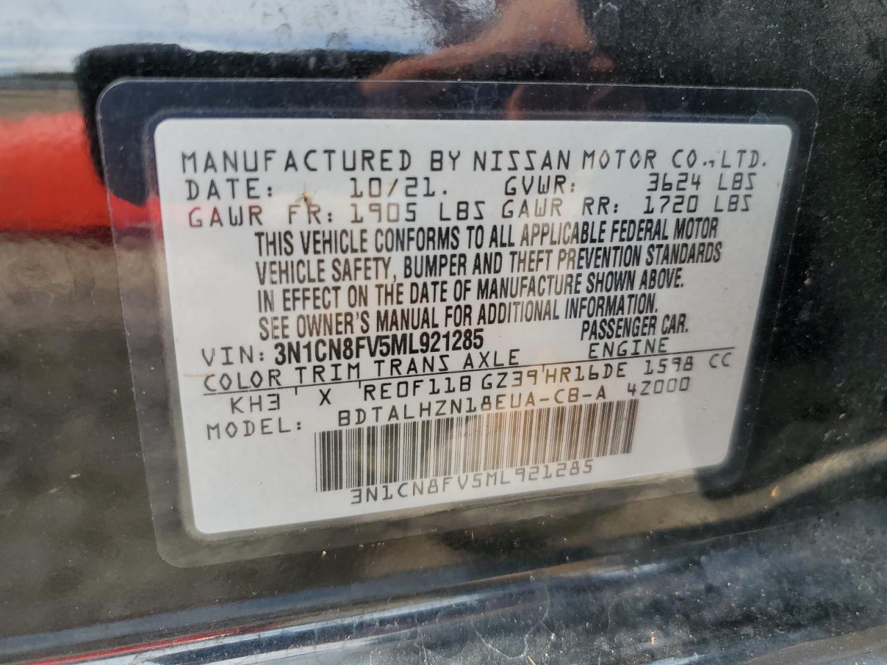 3N1CN8FV5ML921285 2021 Nissan Versa Sr