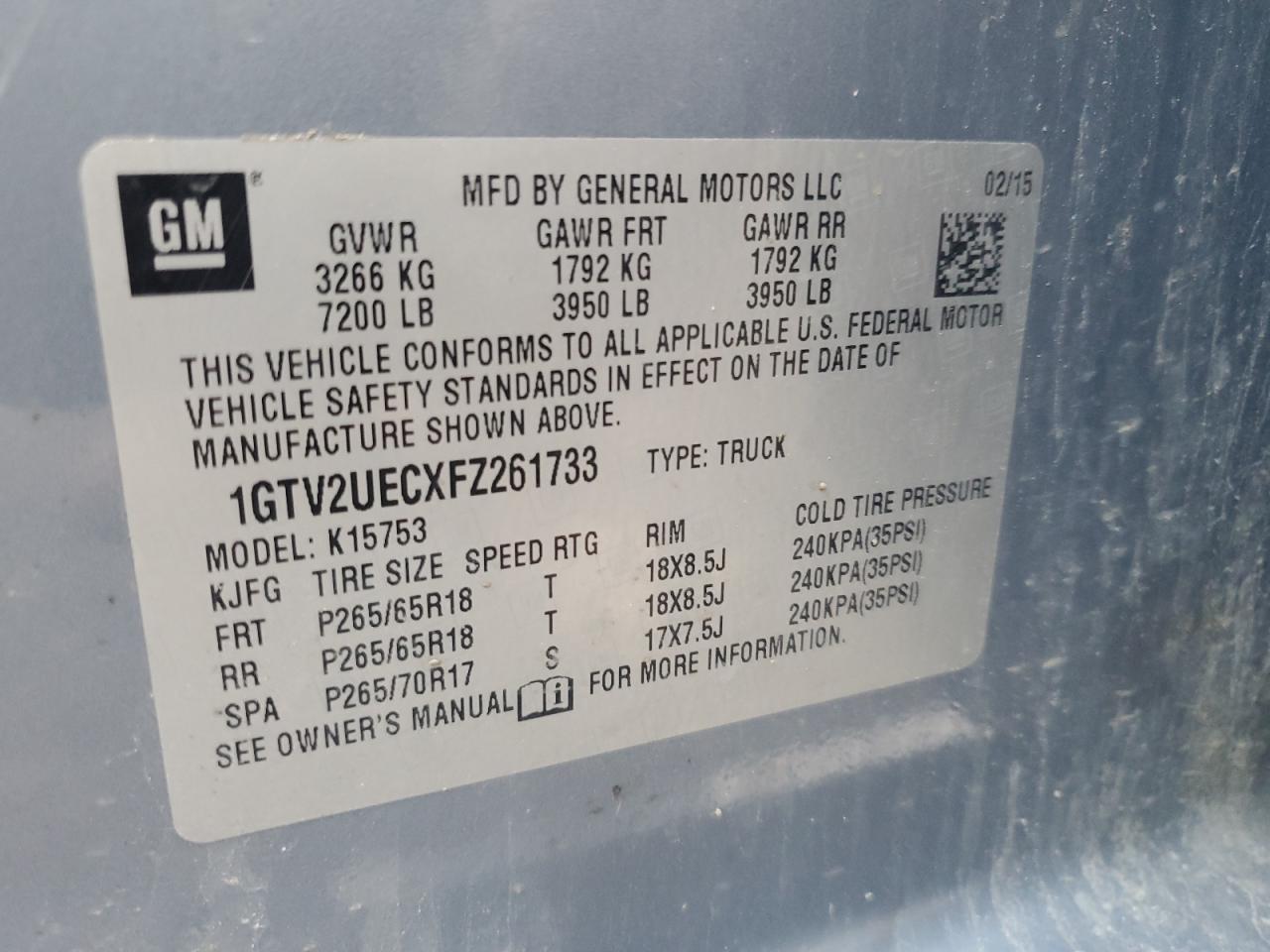 1GTV2UECXFZ261733 2015 GMC Sierra K1500 Sle