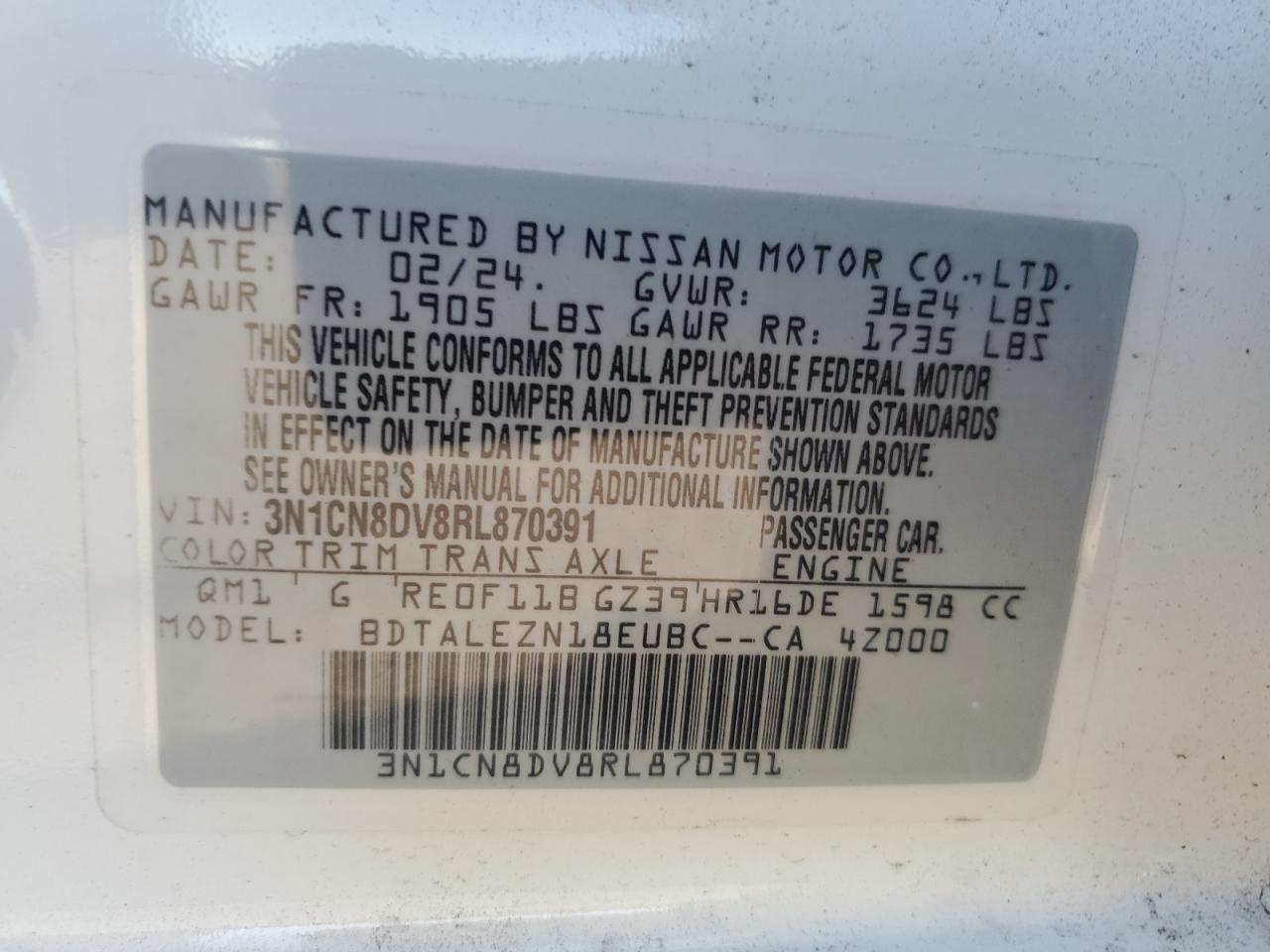 3N1CN8DV8RL870391 2024 Nissan Versa S