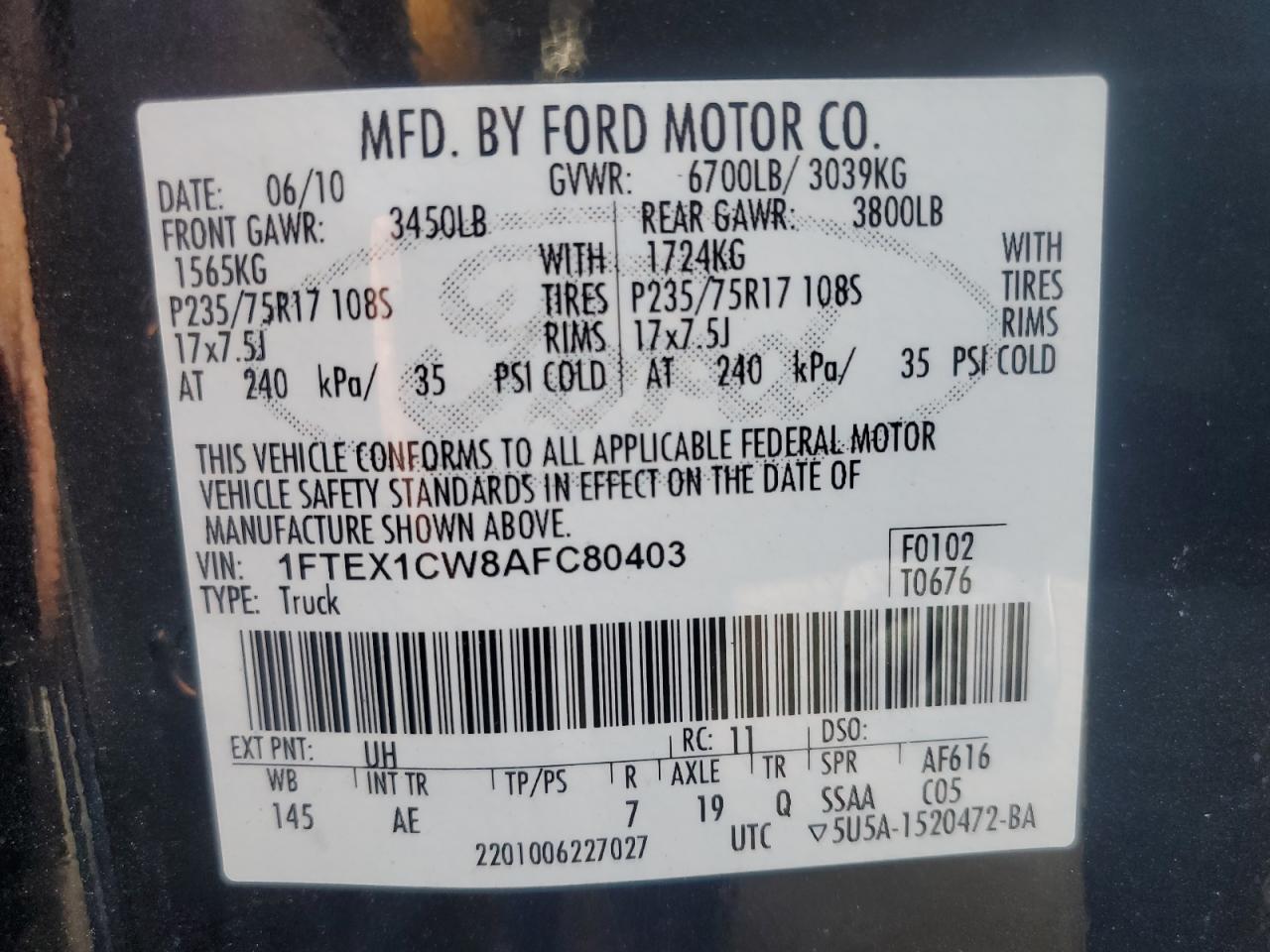 2010 Ford F150 Super Cab VIN: 1FTEX1CW8AFC80403 Lot: 75983534