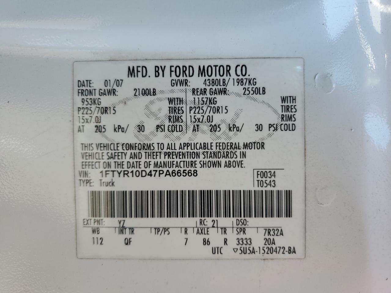 1FTYR10D47PA66568 2007 Ford Ranger