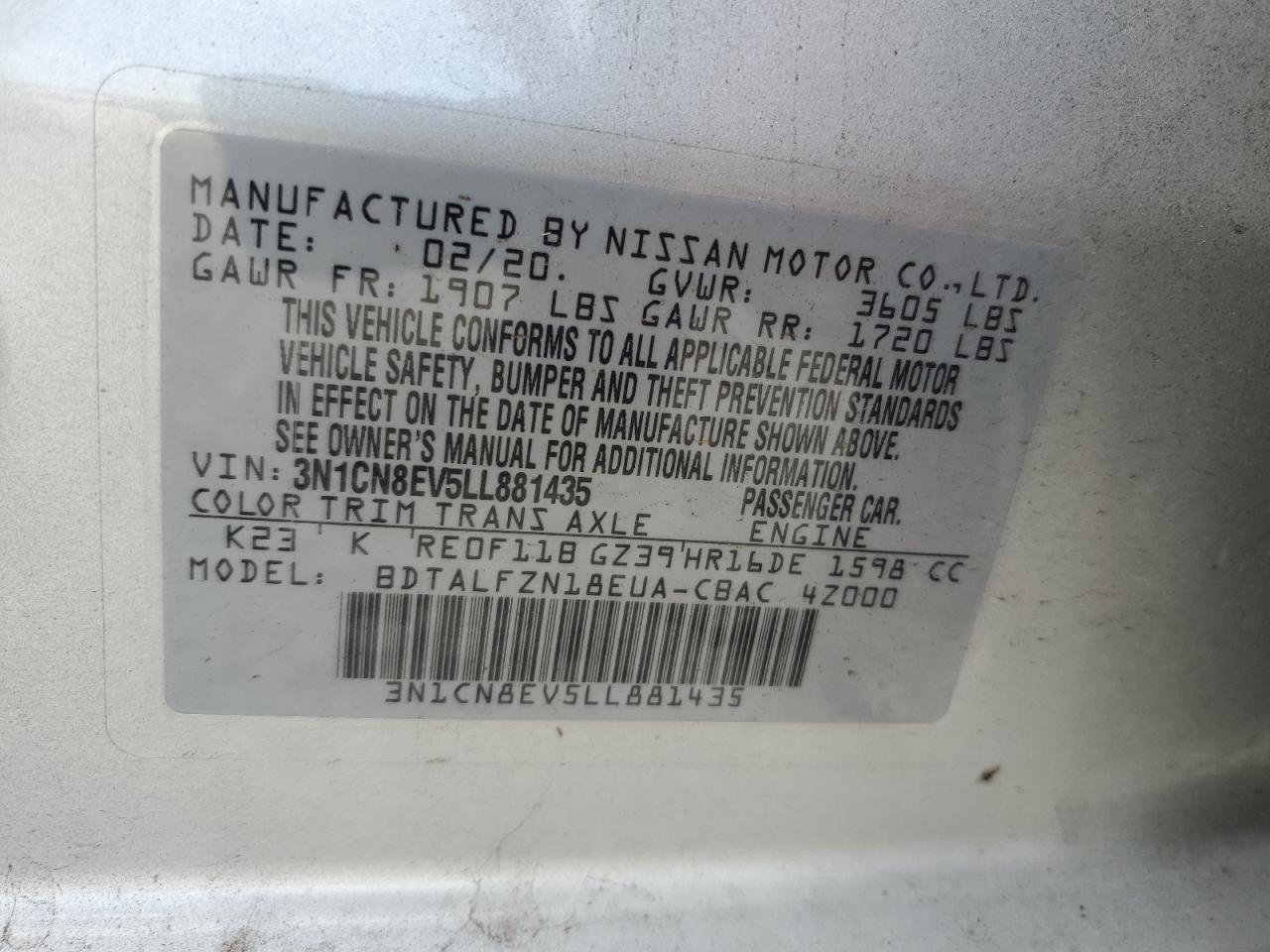 2020 Nissan Versa Sv VIN: 3N1CN8EV5LL881435 Lot: 74721344