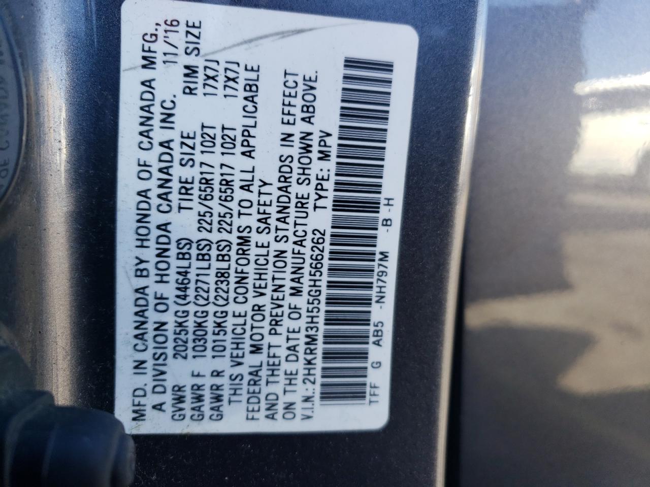 2HKRM3H55GH566262 2016 Honda Cr-V Ex