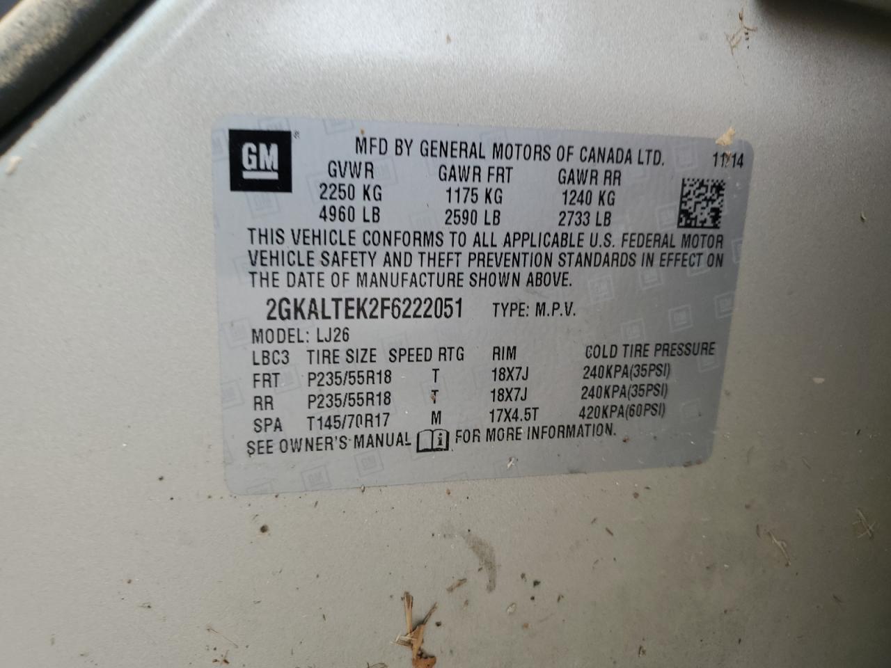 2015 GMC Terrain Slt VIN: 2GKALTEK2F6222051 Lot: 74181904