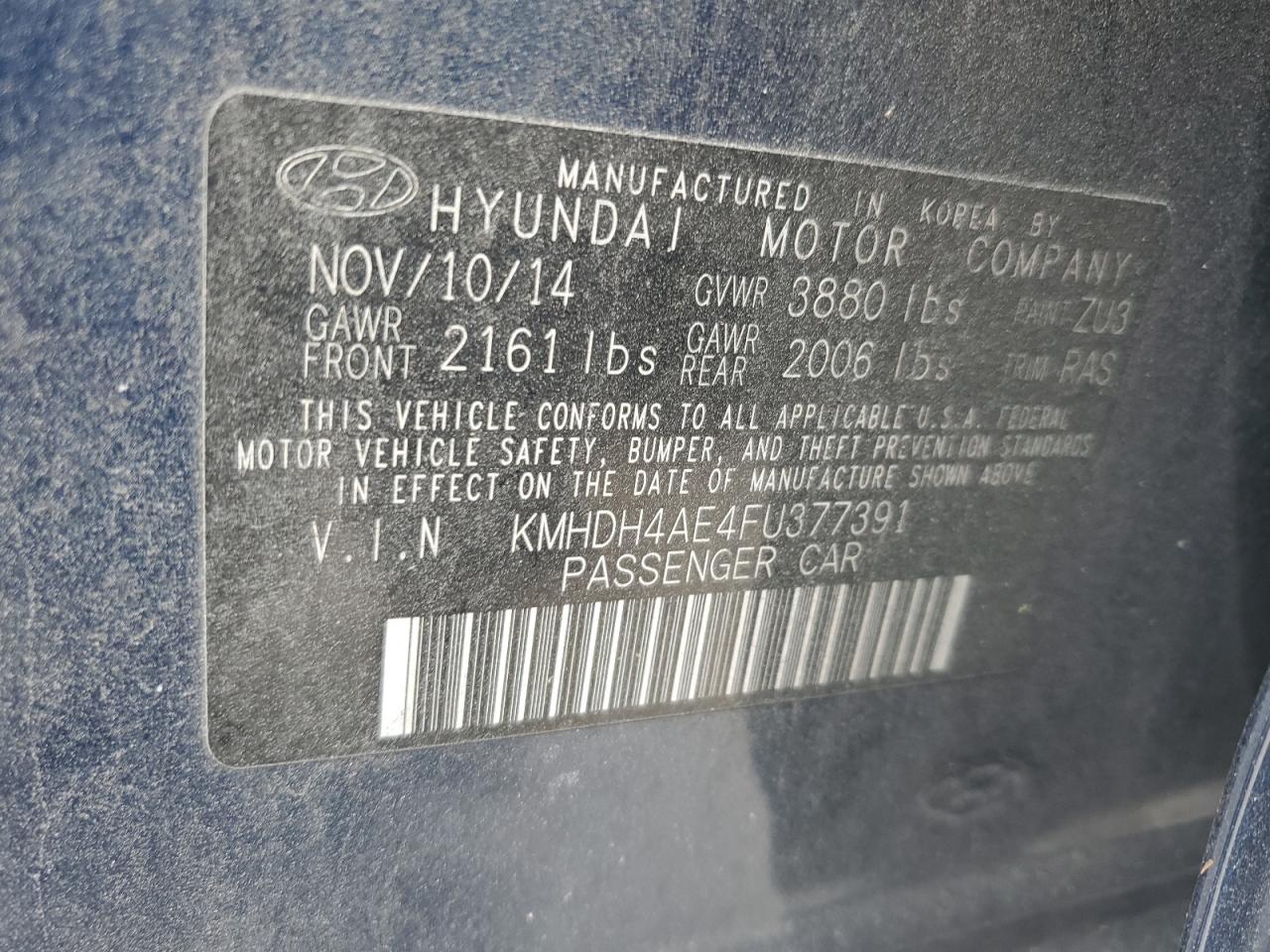 KMHDH4AE4FU377391 2015 Hyundai Elantra Se