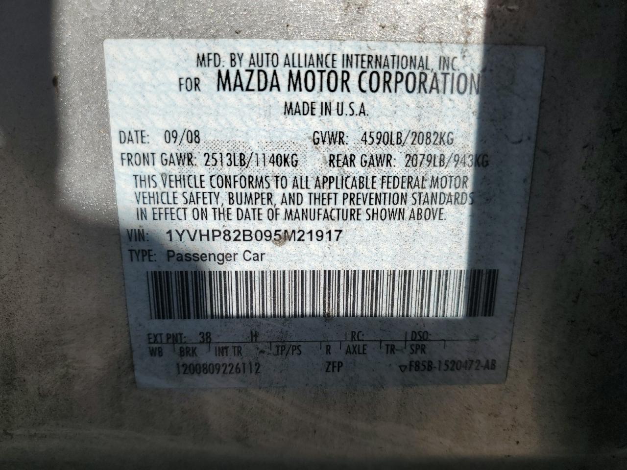 1YVHP82B095M21917 2009 Mazda 6 S