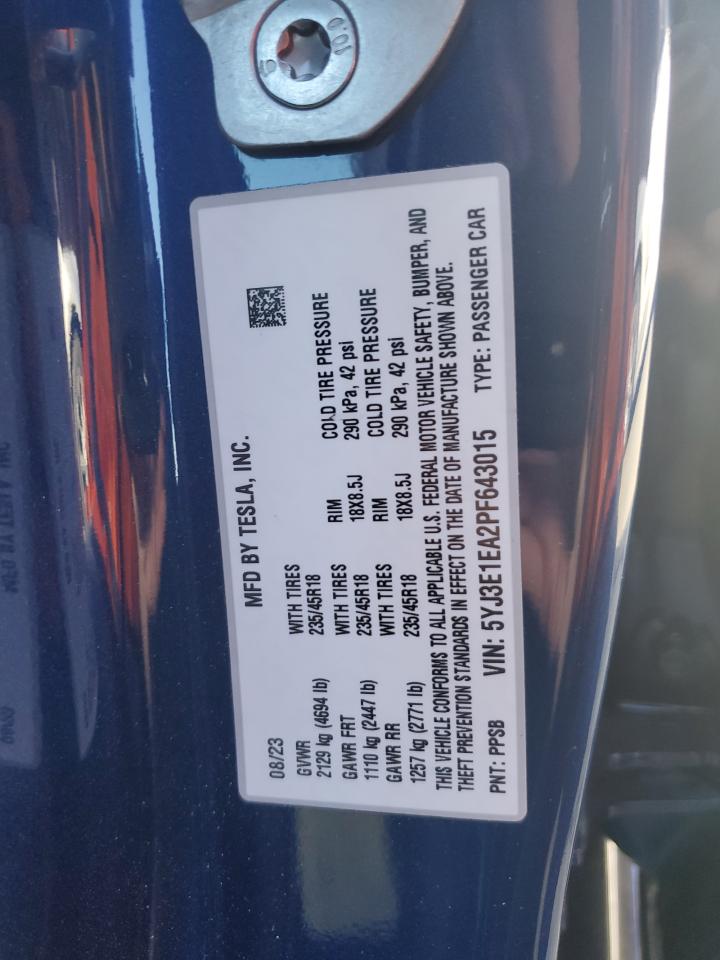 5YJ3E1EA2PF643015 2023 Tesla Model 3