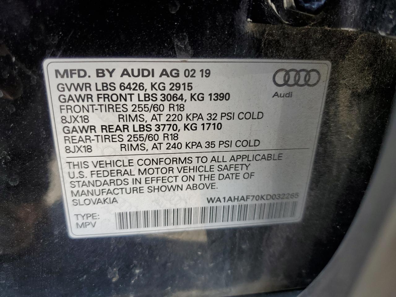 WA1AHAF70KD032265 2019 Audi Q7 Premium