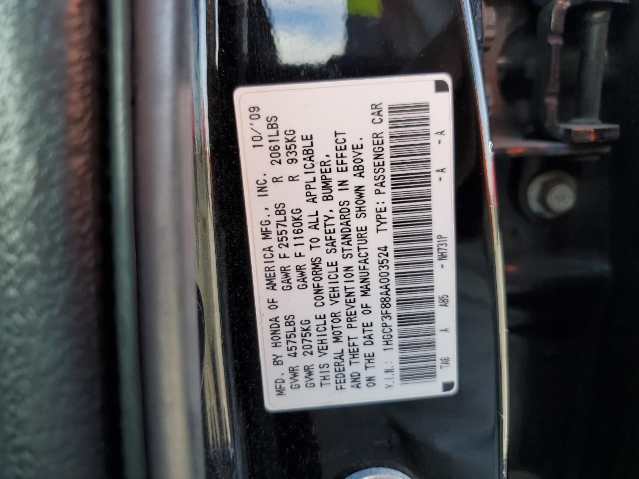 1HGCP3F88AA003524 2010 Honda Accord Exl