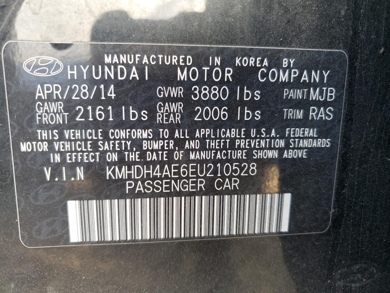 2014 Hyundai Elantra Se VIN: KMHDH4AE6EU210528 Lot: 73293894