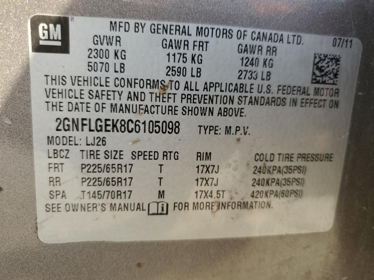 2GNFLGEK8C6105098 2012 Chevrolet Equinox Ltz