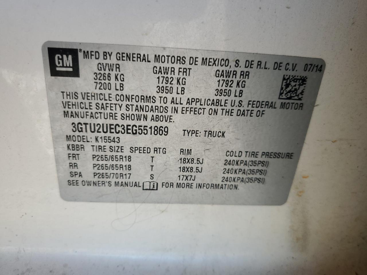 3GTU2UEC3EG551869 2014 GMC Sierra K1500 Sle