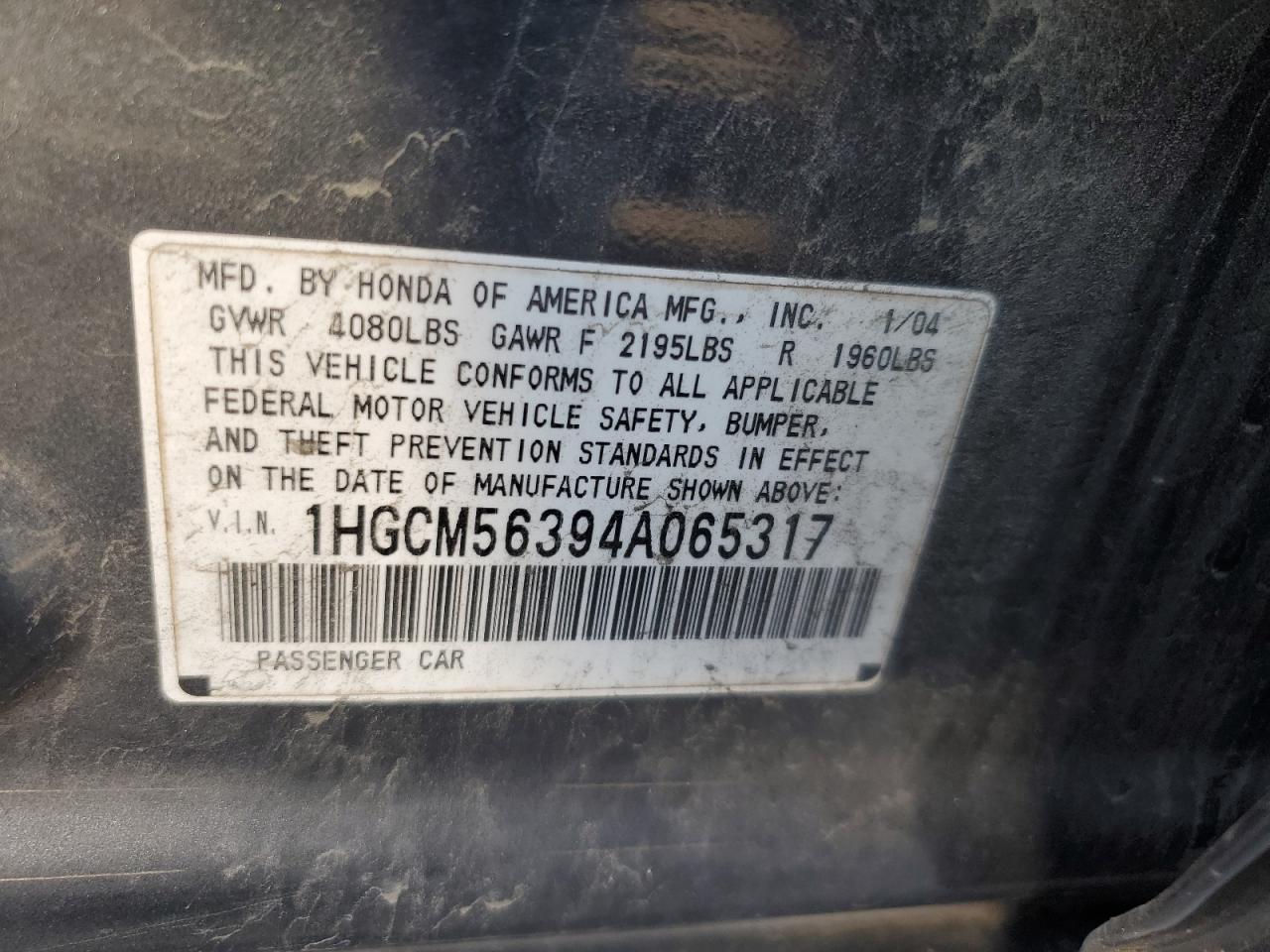 1HGCM56394A065317 2004 Honda Accord Lx