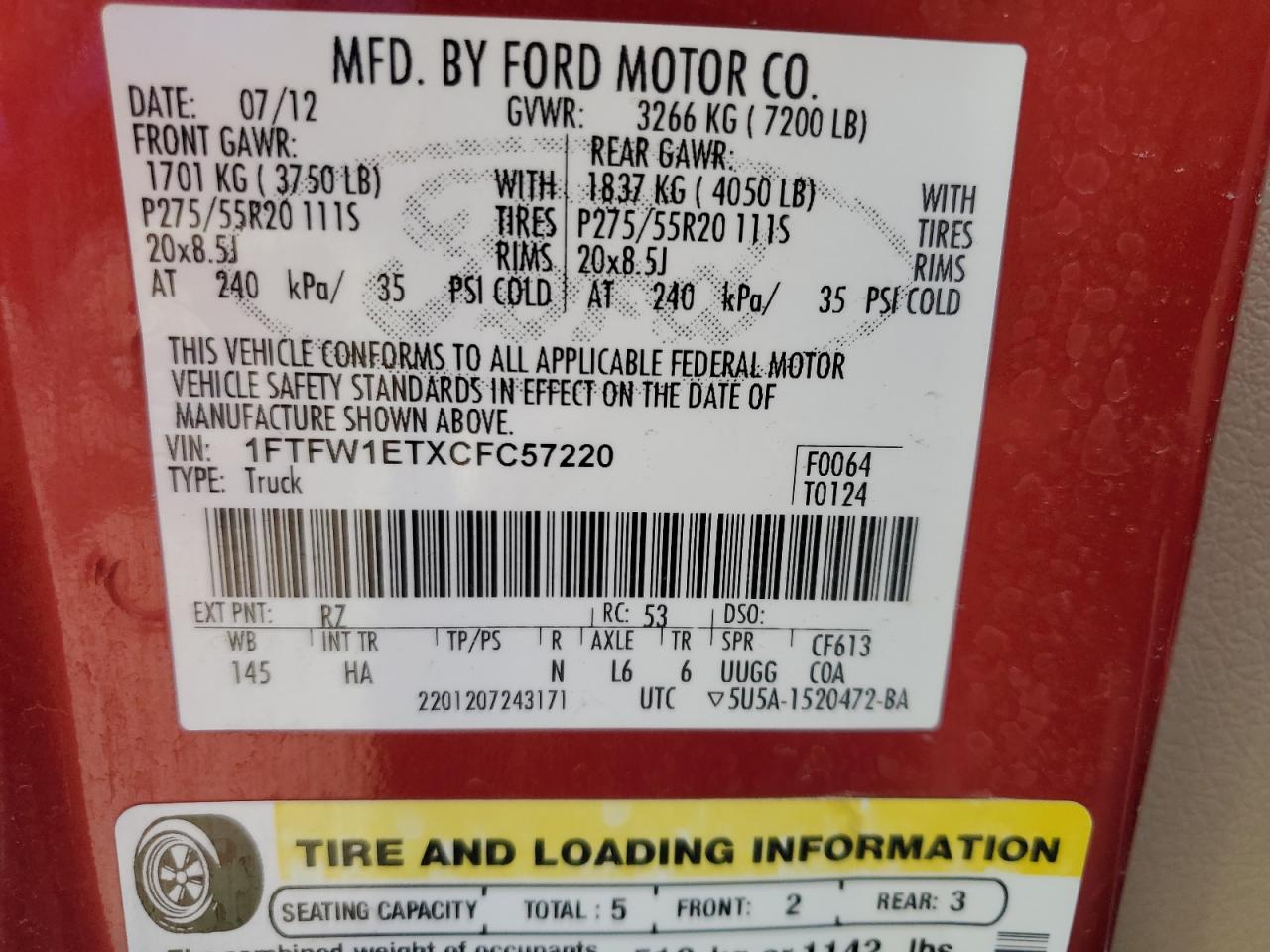 1FTFW1ETXCFC57220 2012 Ford F150 Supercrew