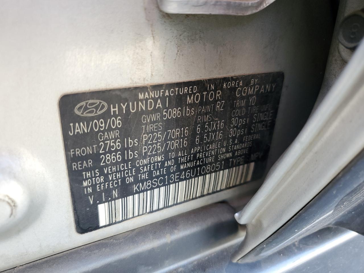 KM8SC13E46U108051 2006 Hyundai Santa Fe Gls