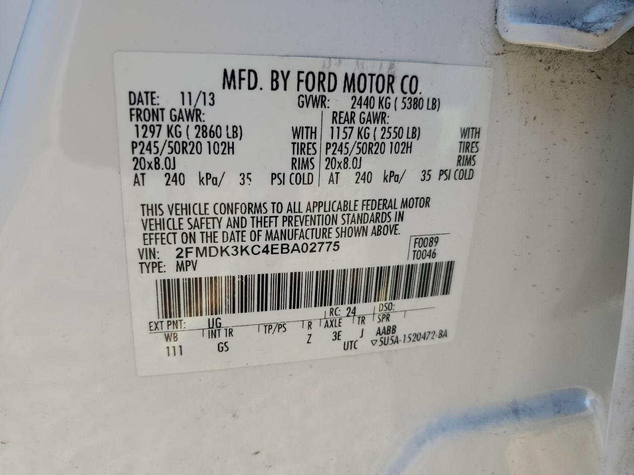 VIN 2FMDK3KC4EBA02775 2014 FORD EDGE no.13