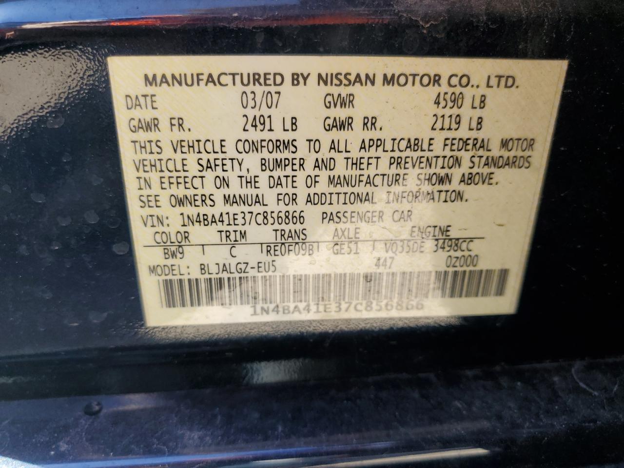 1N4BA41E37C856866 2007 Nissan Maxima Se