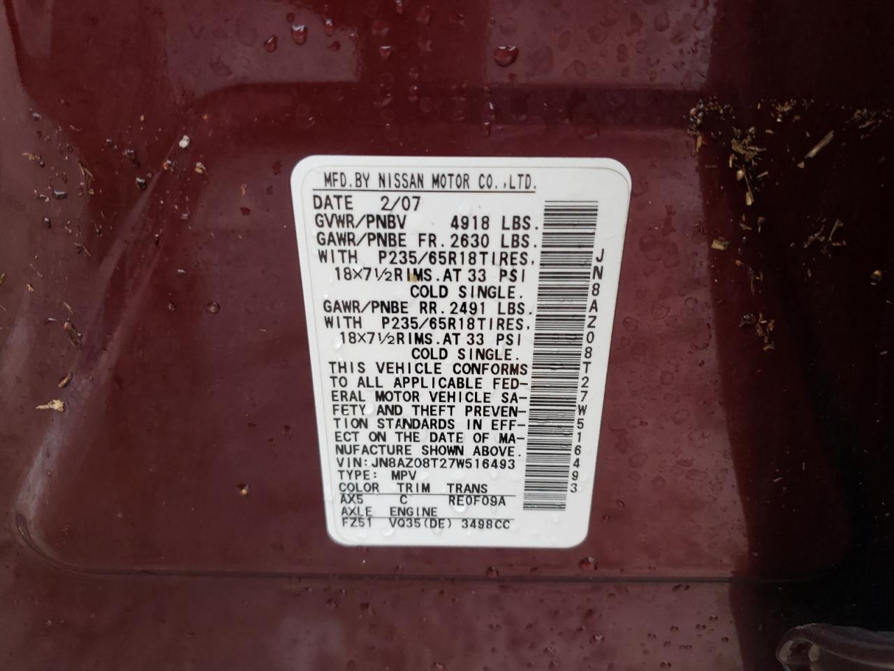 JN8AZ08T27W516493 2007 Nissan Murano Sl