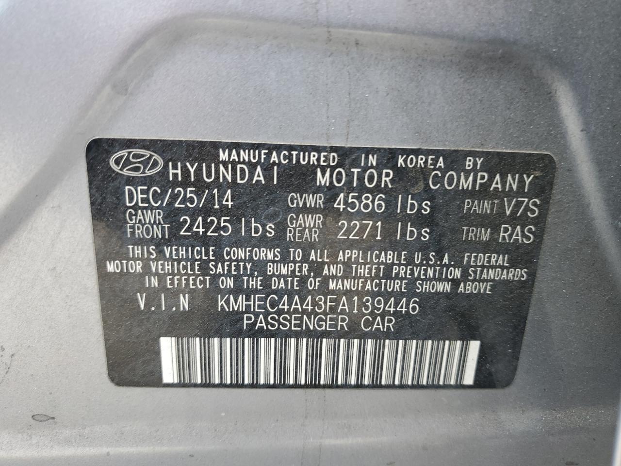 2015 Hyundai Sonata Hybrid VIN: KMHEC4A43FA139446 Lot: 78510004