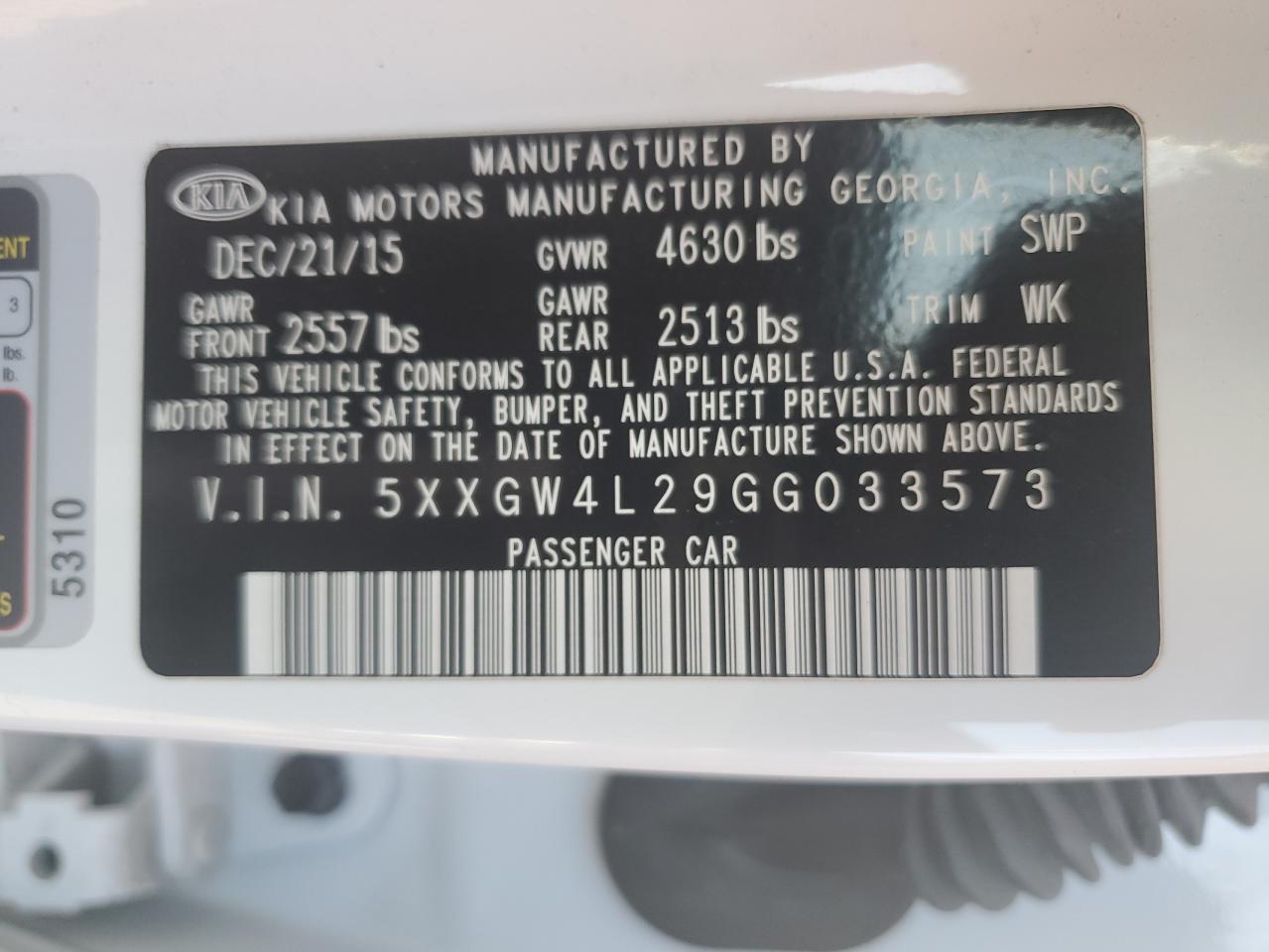 5XXGW4L29GG033573 2016 Kia Optima Sx