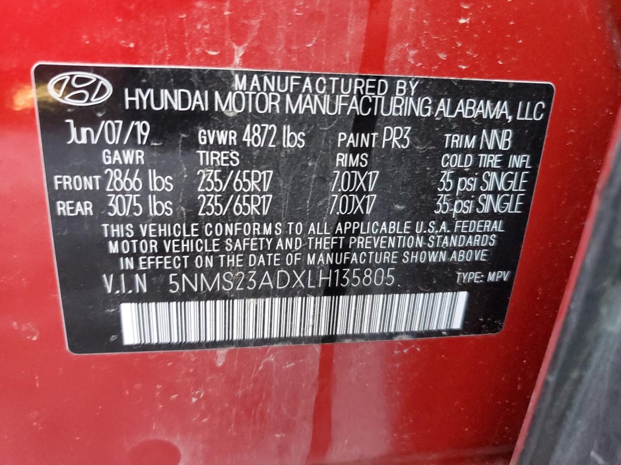 2020 Hyundai Santa Fe Se VIN: 5NMS23ADXLH135805 Lot: 73766624