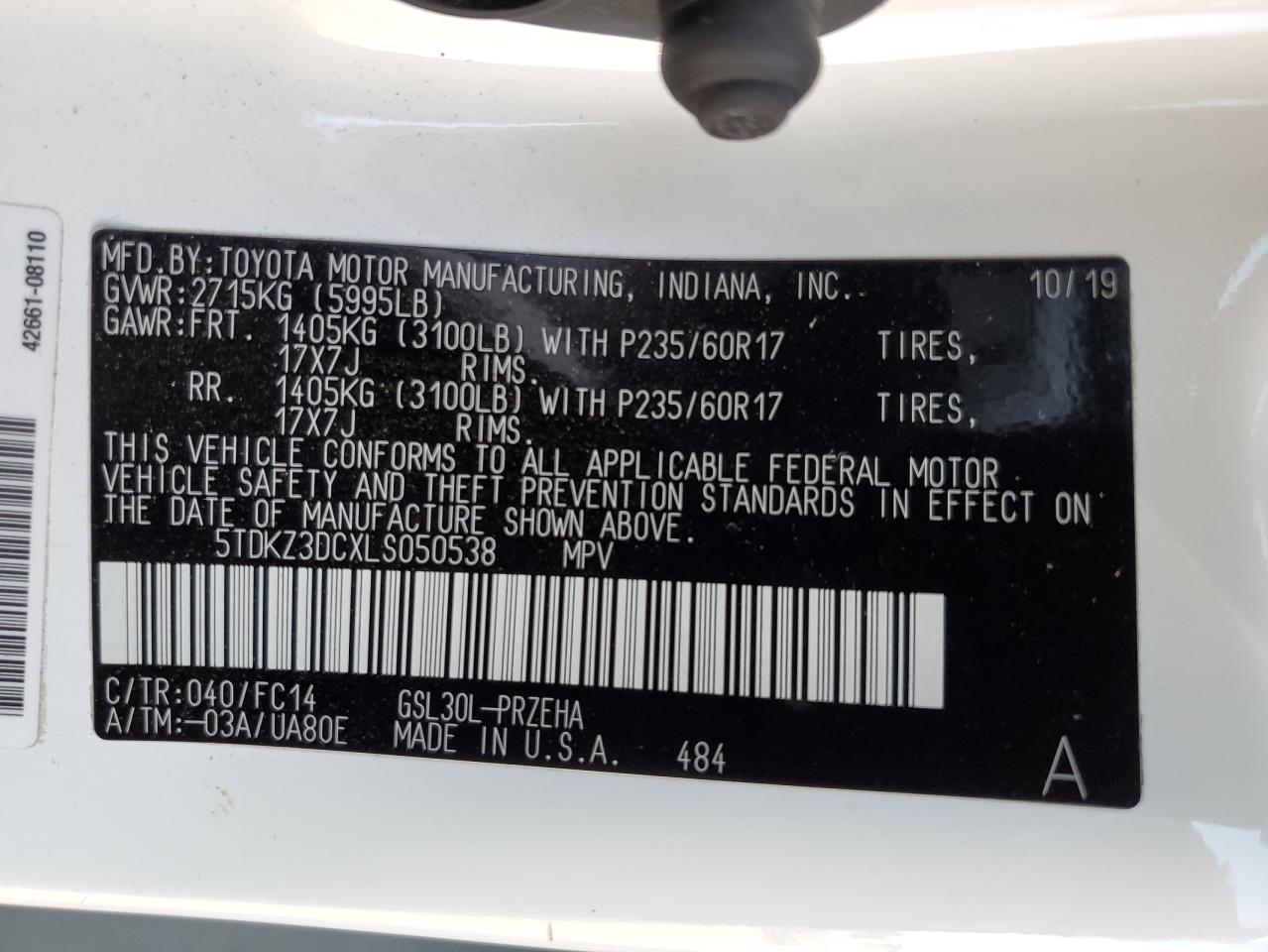 2020 Toyota Sienna Le VIN: 5TDKZ3DCXLS050538 Lot: 76502164