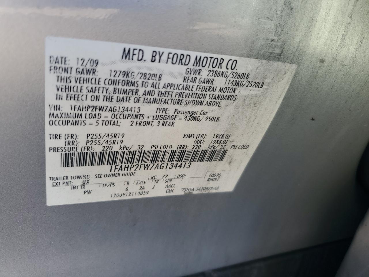 1FAHP2FW7AG134413 2010 Ford Taurus Limited