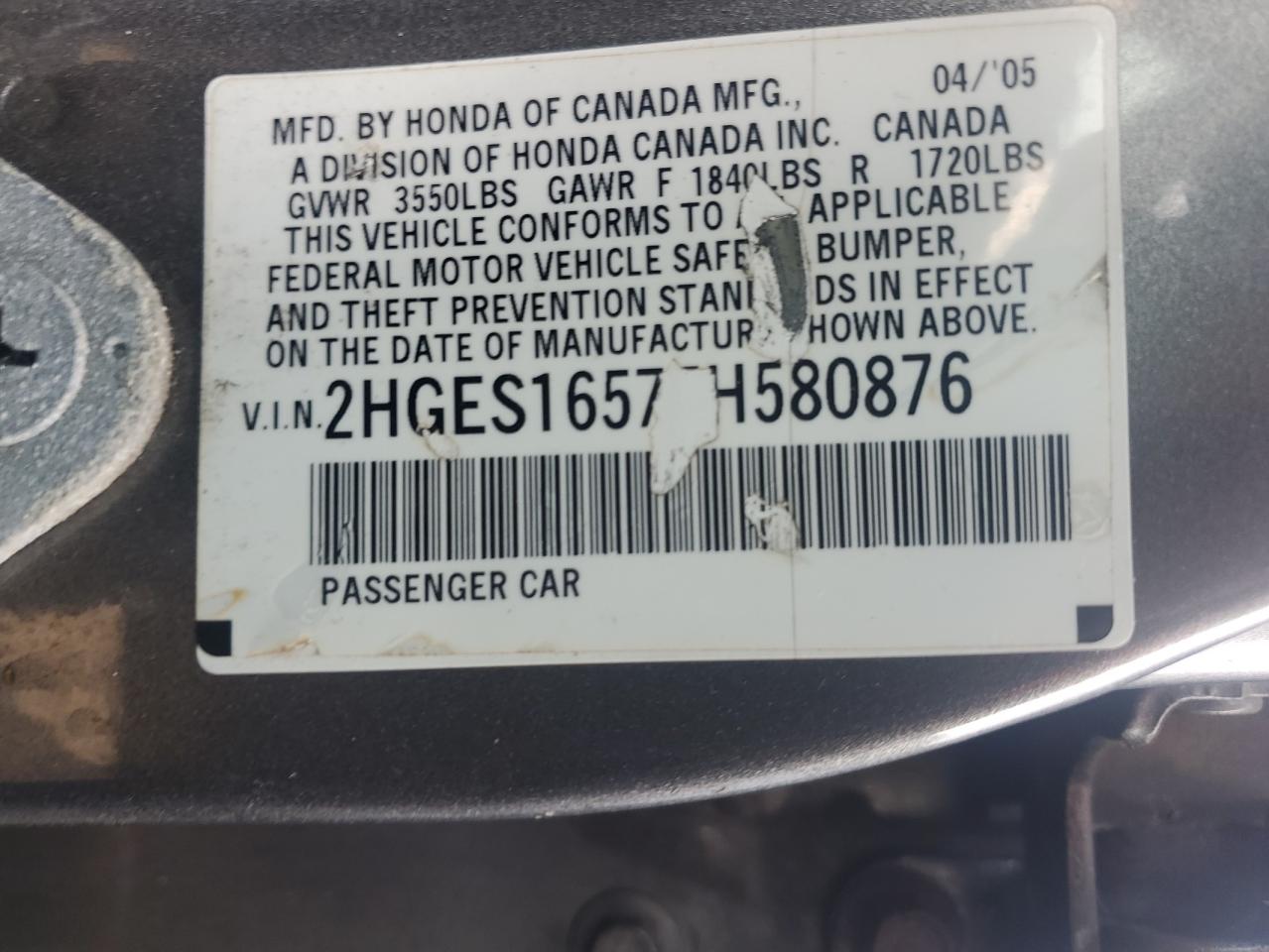 2HGES16575H580876 2005 Honda Civic Lx