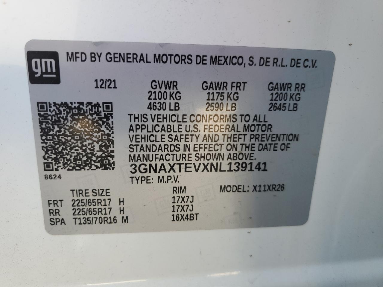 3GNAXTEVXNL139141 2022 Chevrolet Equinox Lt