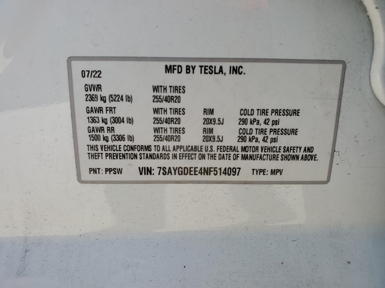 7SAYGDEE4NF514097 2022 Tesla Model Y