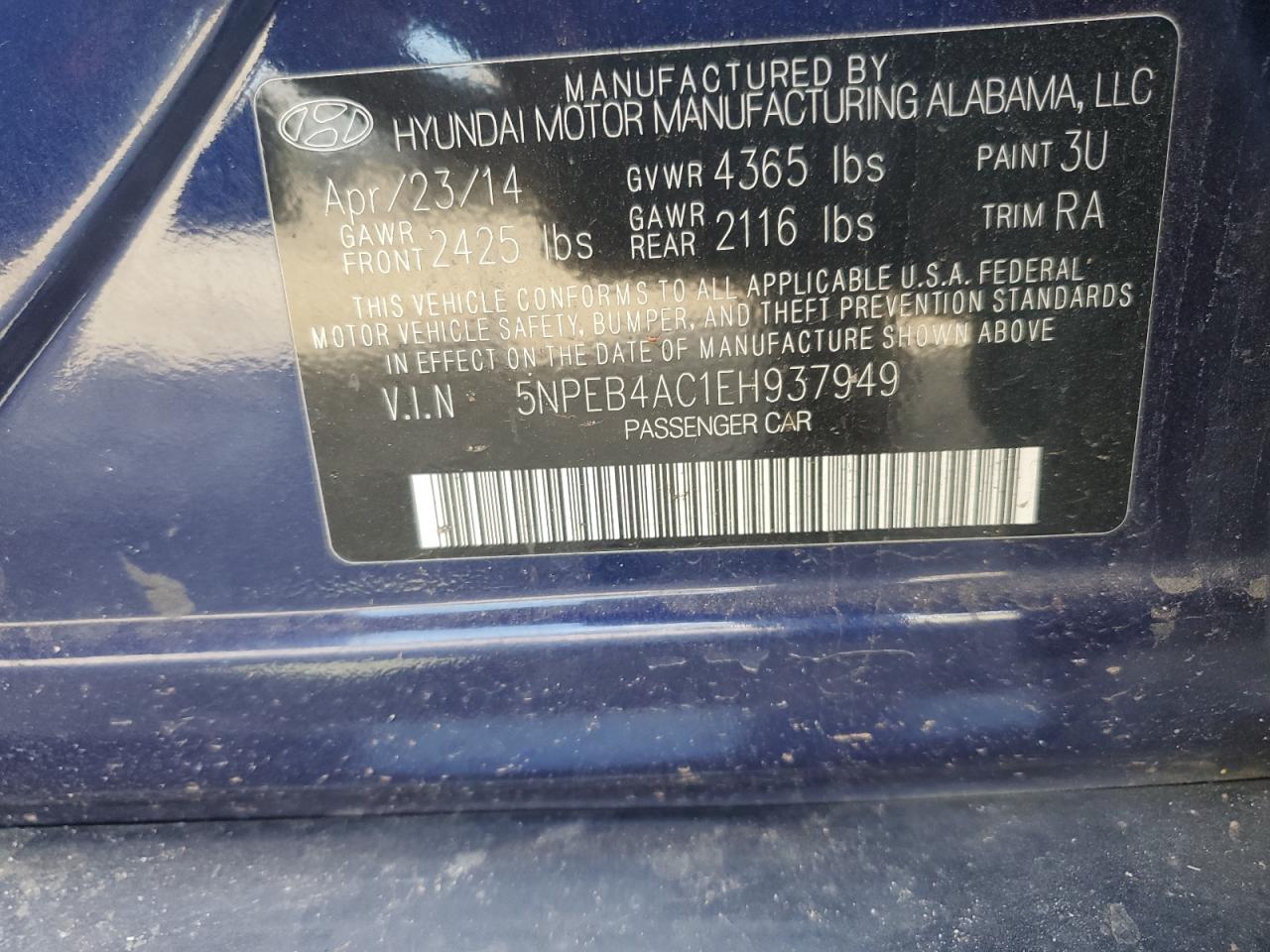 5NPEB4AC1EH937949 2014 Hyundai Sonata Gls