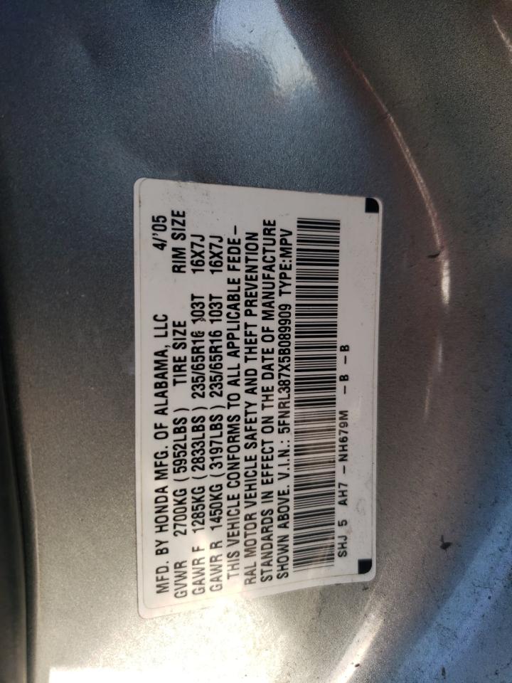 2005 Honda Odyssey Exl VIN: 5FNRL387X5B089909 Lot: 60107815