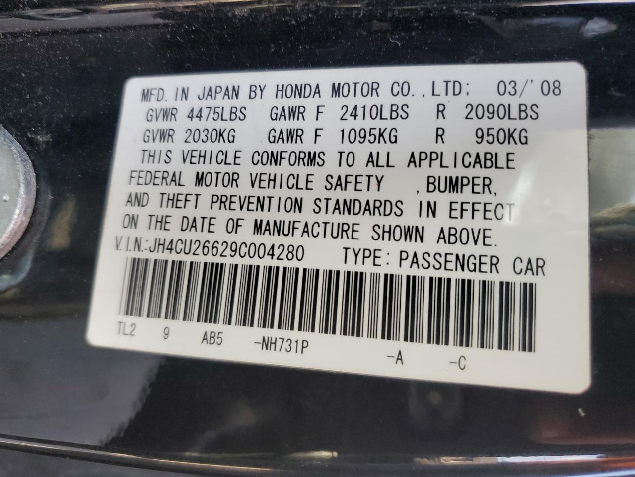 2009 Acura Tsx VIN: JH4CU26629C004280 Lot: 74755084