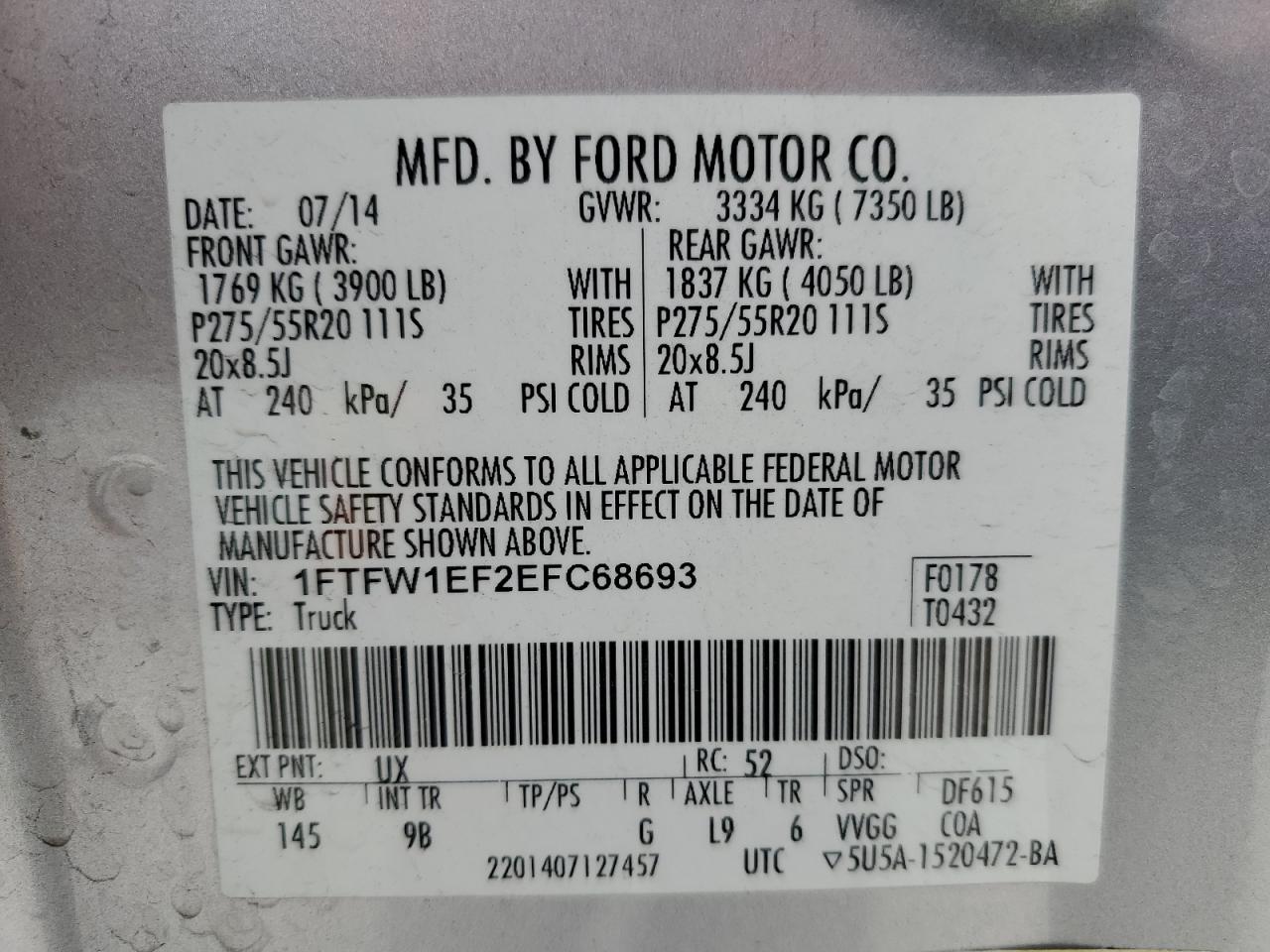 1FTFW1EF2EFC68693 2014 Ford F150 Supercrew