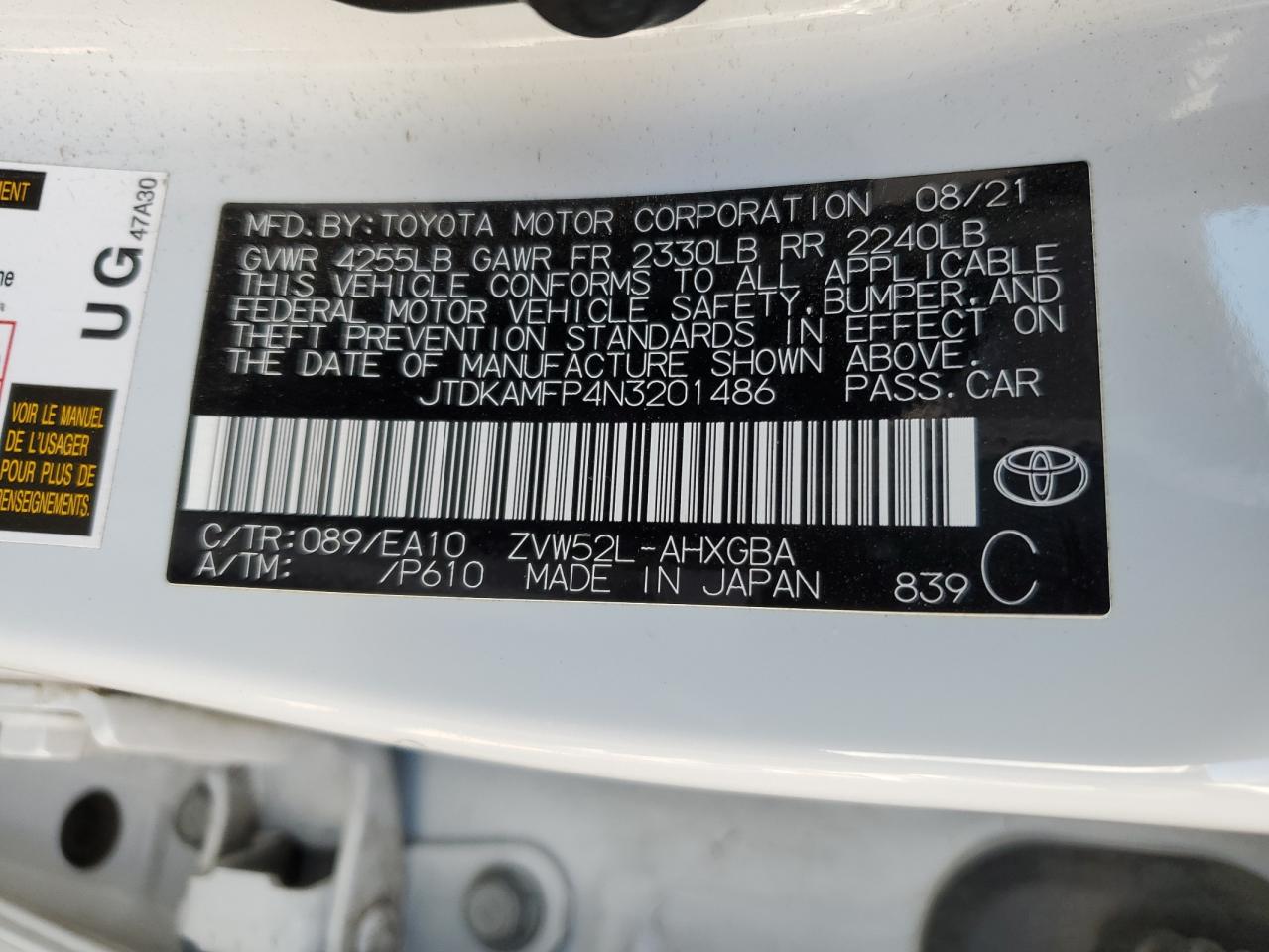 JTDKAMFP4N3201486 2022 Toyota Prius Prime Le