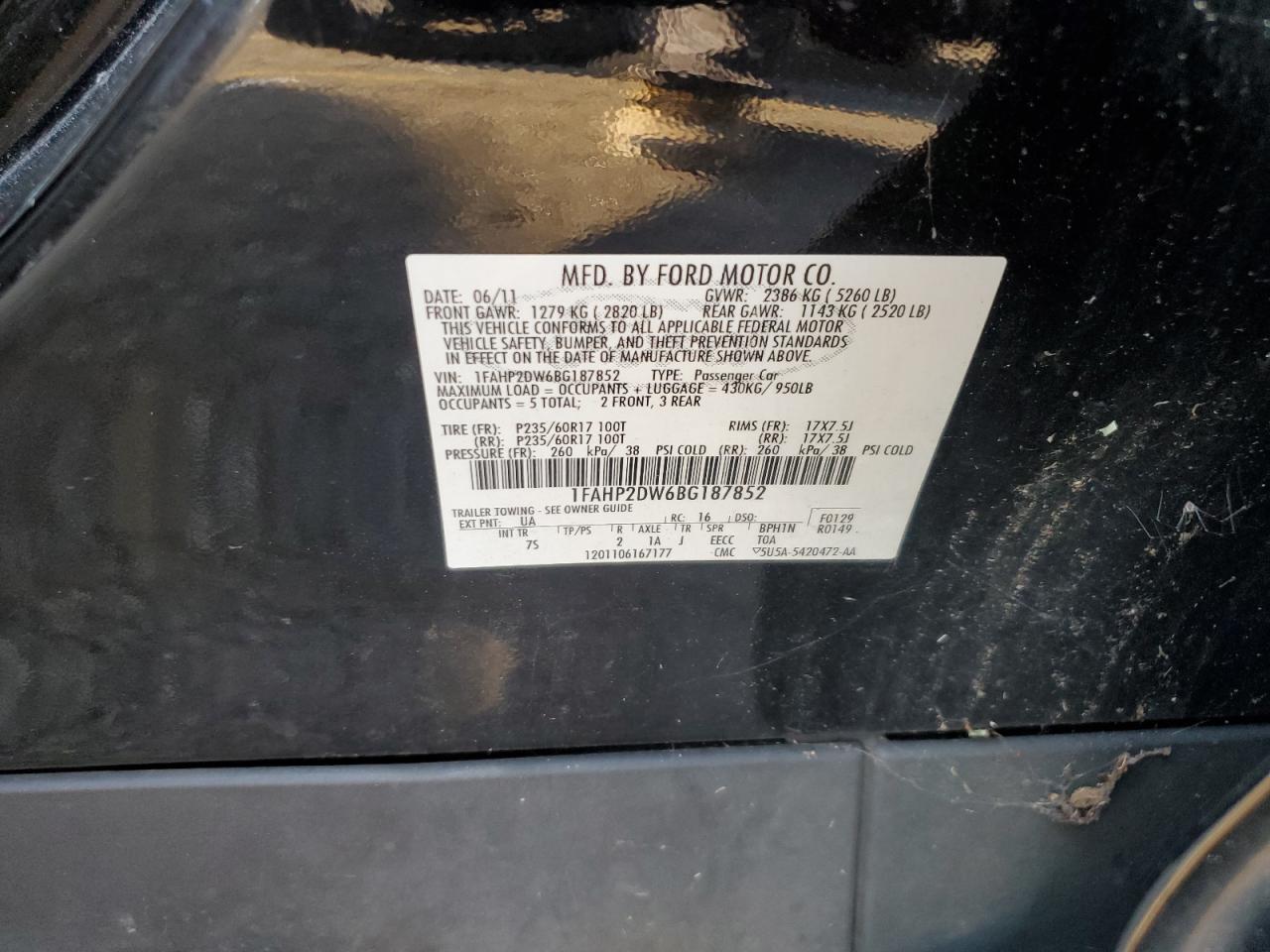 2011 Ford Taurus Se VIN: 1FAHP2DW6BG187852 Lot: 78017474