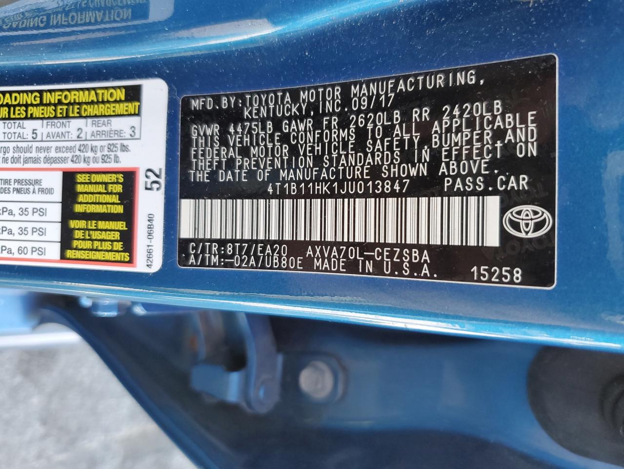 4T1B11HK1JU013847 2018 Toyota Camry L