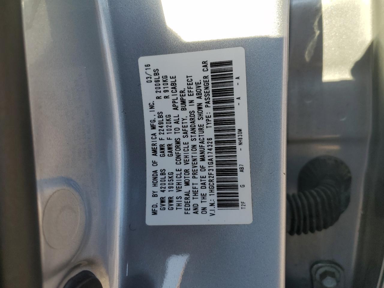 1HGCR2F31GA174326 2016 Honda Accord Lx