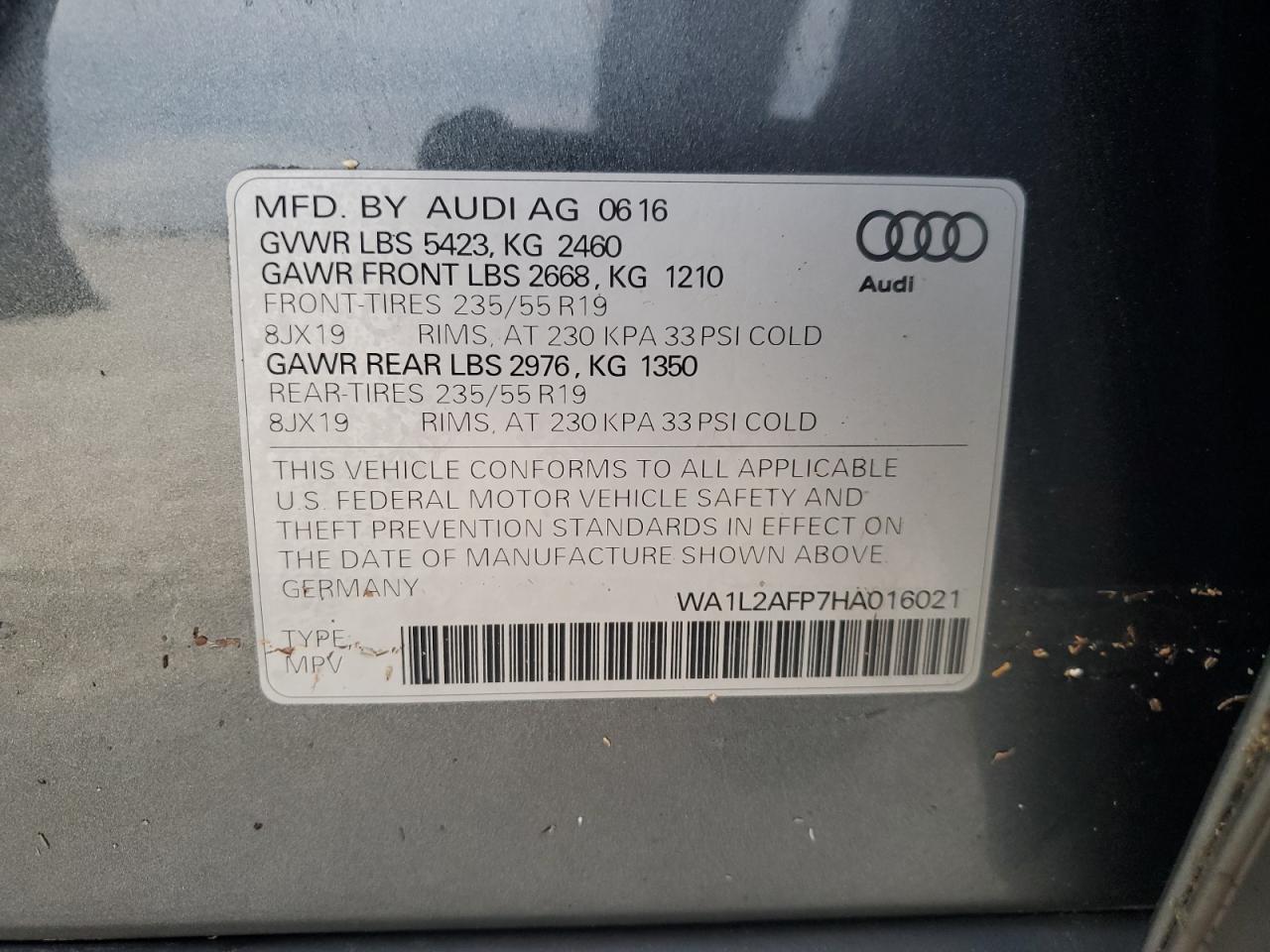 2017 Audi Q5 Premium Plus VIN: WA1L2AFP7HA016021 Lot: 74918094