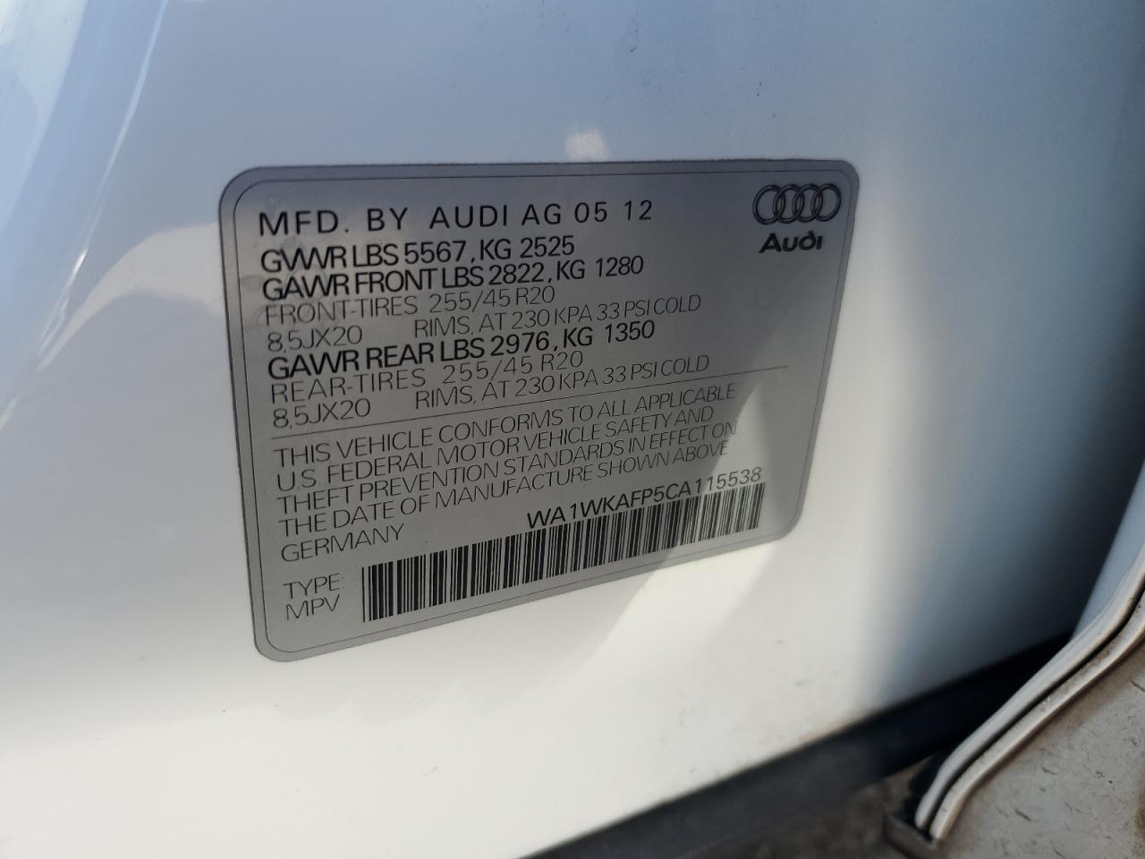 2012 Audi Q5 Prestige VIN: WA1WKAFP5CA115538 Lot: 77869984