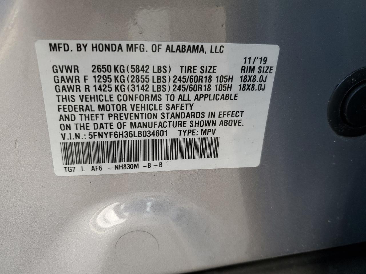 5FNYF6H36LB034601 2020 Honda Pilot Ex