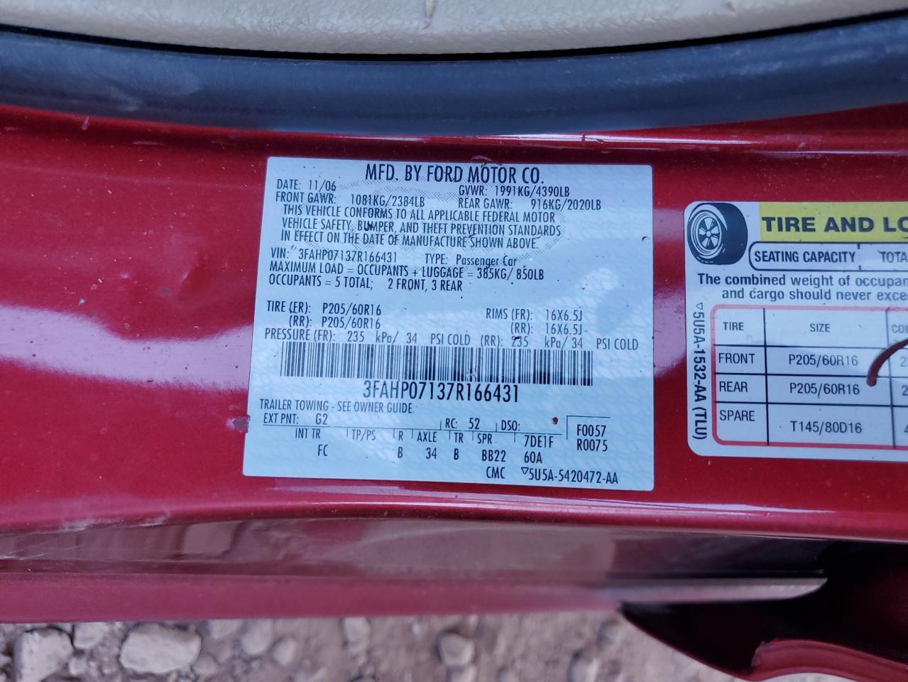 2007 Ford Fusion Se VIN: 3FAHP07137R166431 Lot: 85588885