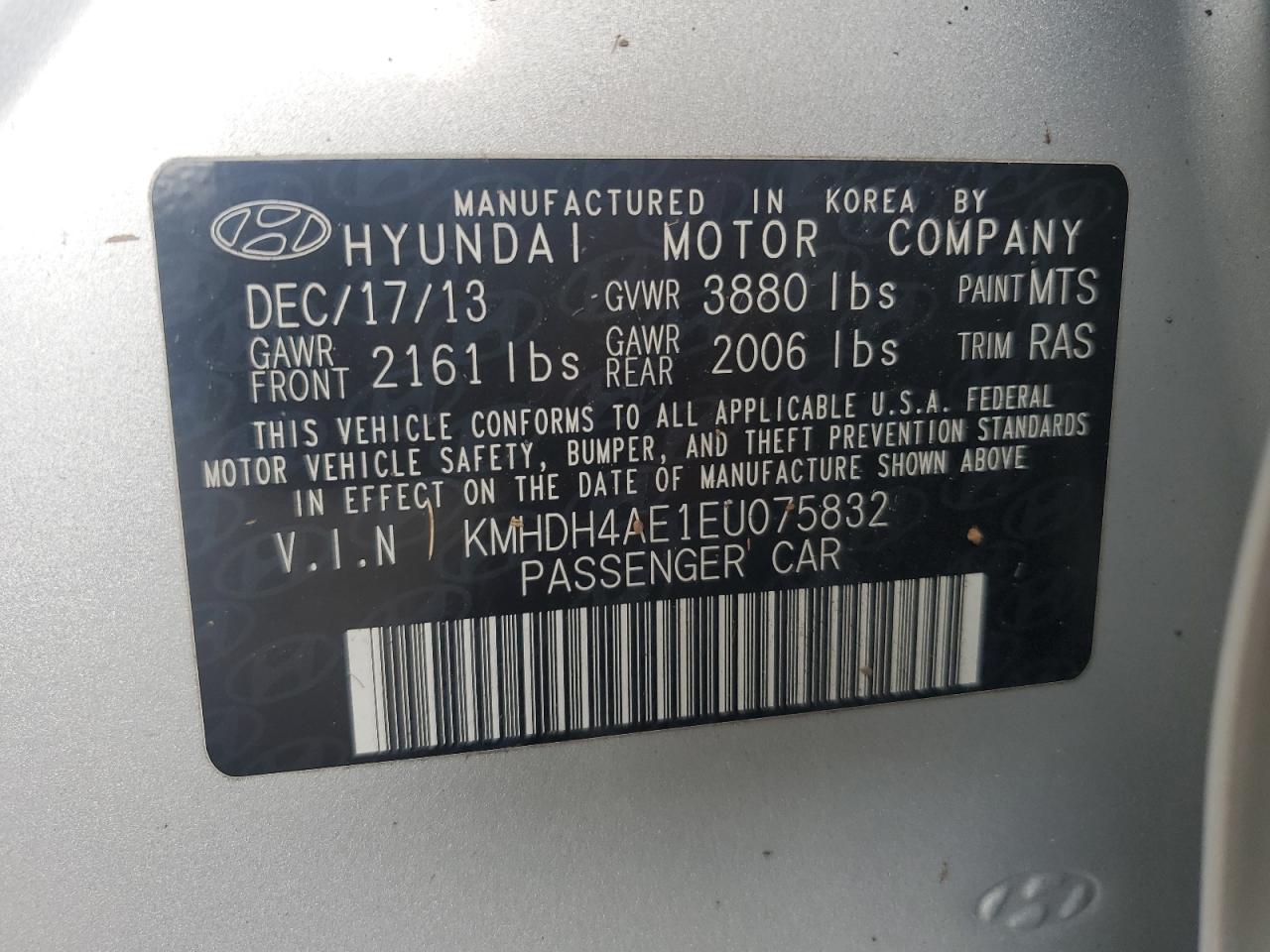 2014 Hyundai Elantra Se VIN: KMHDH4AE1EU075832 Lot: 73917474