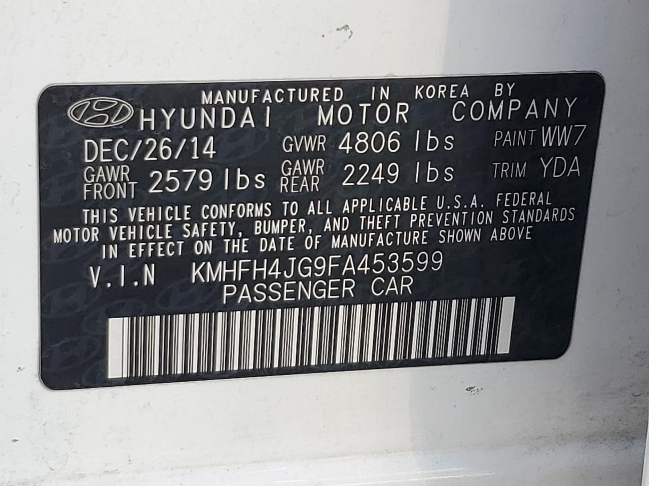 2015 Hyundai Azera Limited VIN: KMHFH4JG9FA453599 Lot: 78442264