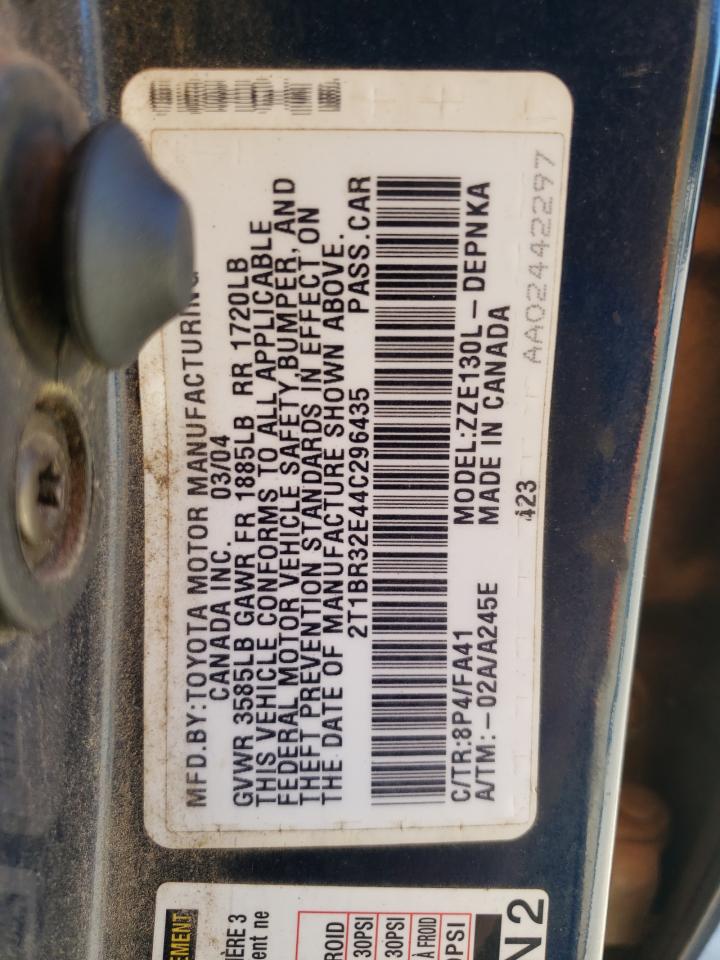 2004 Toyota Corolla Ce VIN: 2T1BR32E44C296435 Lot: 72746094